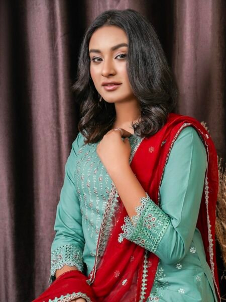 Mint green georgette suit with a red dupatta