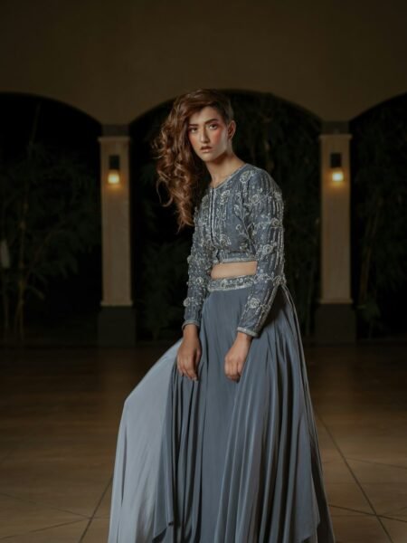 Grey embellished Anarkali suit with flowing flare