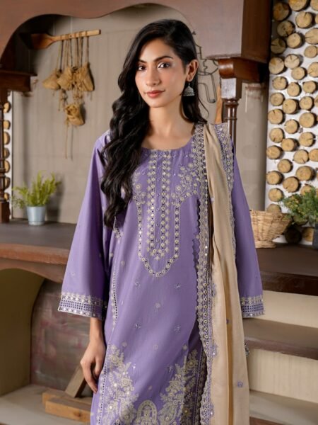 Lavender embroidered churidar suit with dupatta