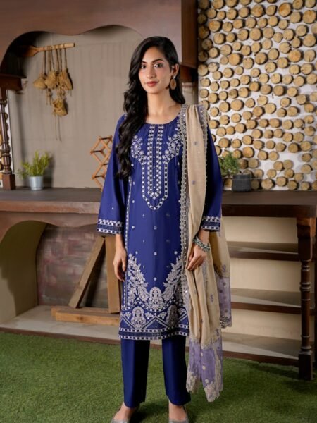 Navy embroidered straight-cut suit with beige dupatta