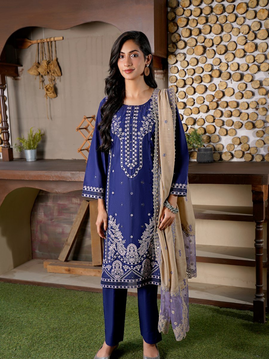 Navy embroidered straight-cut suit with beige dupatta